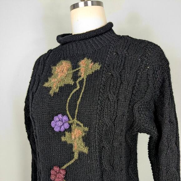 Vintage Floral Sweater M Black Wool 90s Roll Collar Cable 3D Knit Whimsigoth - Picture 1 of 11